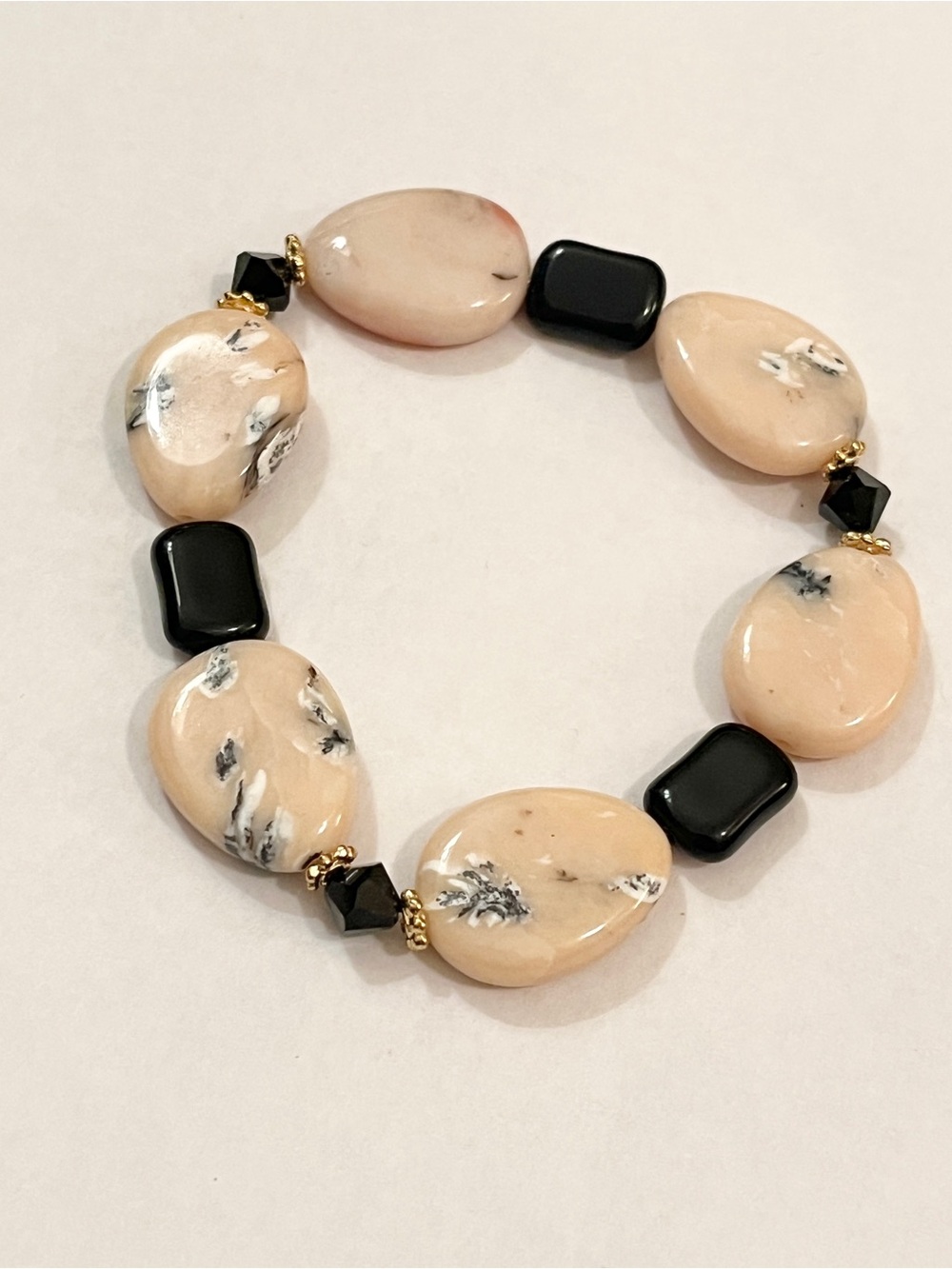 Peach Marble Stone and Black Onyx Bead Stretch Bracelet